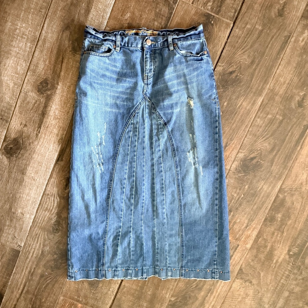 Old Navy Special Edition Y2K Pleated Studded Distressed Maxi Denim Skirt, Blue,8